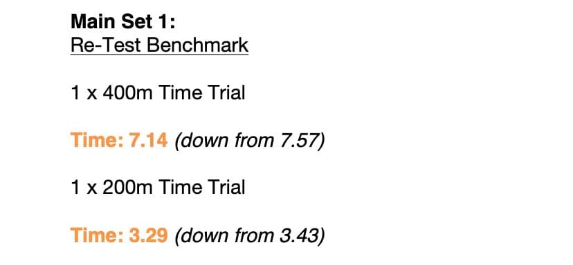 Matt's week 10 benchmark: 400m time trial, 7:14